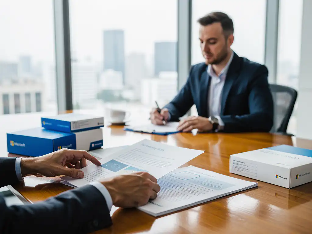 IT-consultant organiseert Microsoft 365 servicedocumentatie op vergadertafel terwijl zakenklant partnerschapsovereenkomsten bekijkt in modern kantoor