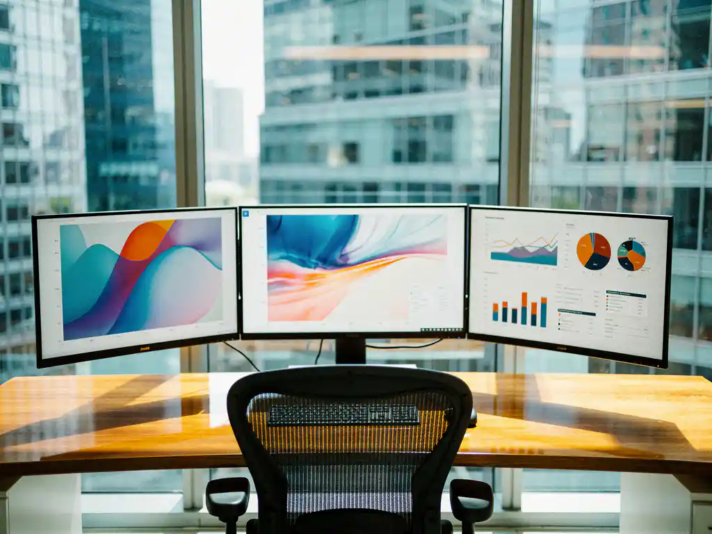 Drie gebogen ultrawide monitoren in boogvorm op modern houten bureau met ergonomische stoel, natuurlijk licht door groot raam
