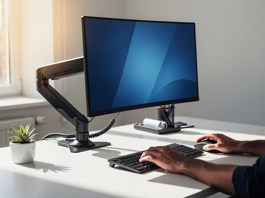 Verstelbare monitorarm houdt zwart computerscherm op ooghoogte boven wit bureau met ergonomisch toetsenbord en muis