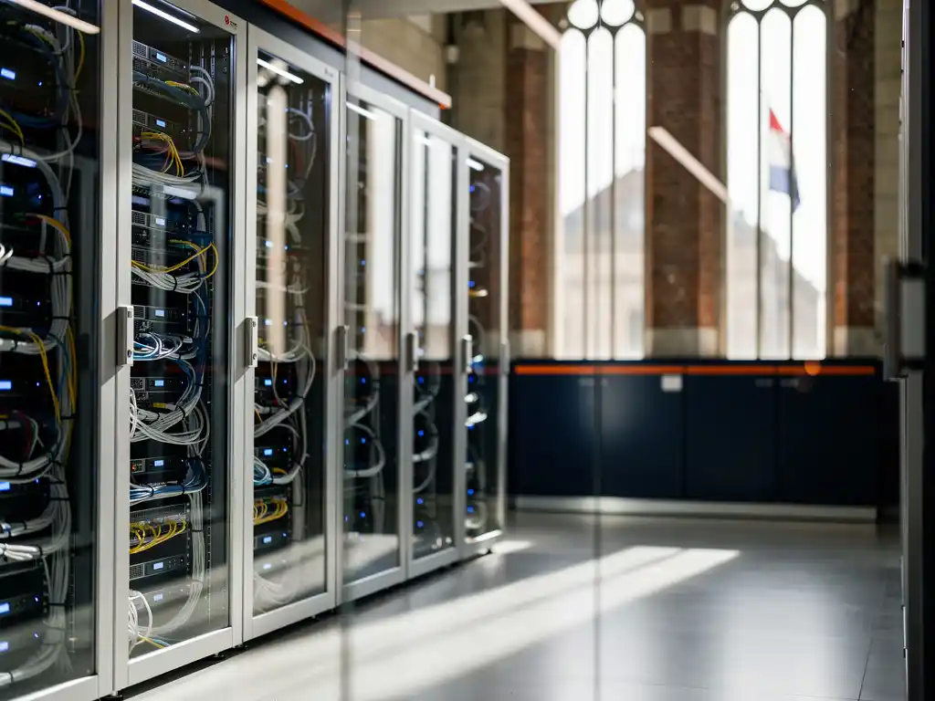 Veilig overheidsgebouw met Nederlandse architectuur weerspiegeld in serverruimte met blauwe LED-indicatoren en Nederlandse vlag