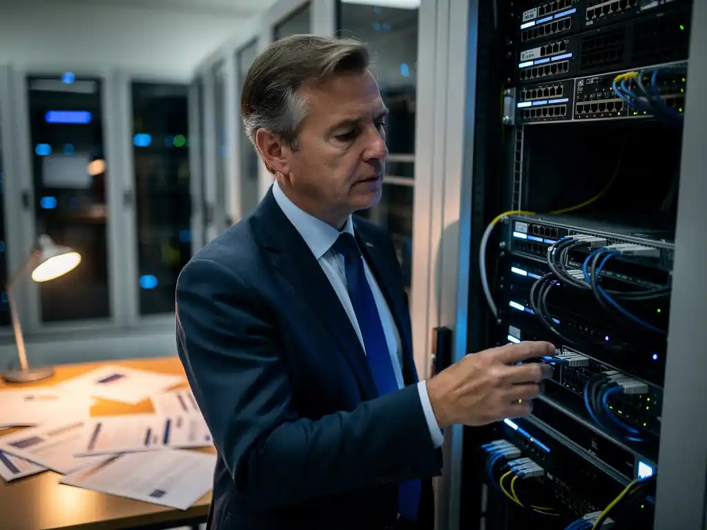 Nederlandse overheidsambtenaar inspecteert serverrek in beveiligd datacenter met Europese hardware componenten