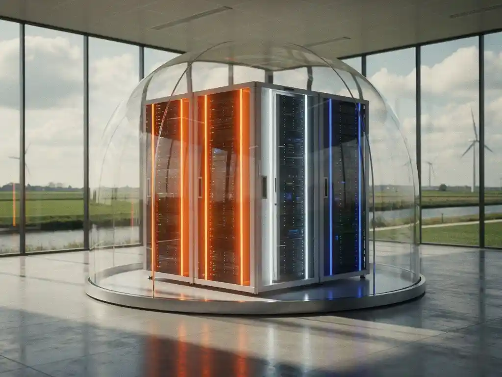 Nederlandse serverruimte met oranje, wit en blauwe LED-verlichting onder beschermende koepel in modern datacenter met uitzicht op Nederlands landschap