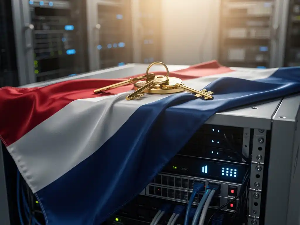 Nederlandse vlag gedrapeerd over serverrek in datacenter met gouden beveiligingssleutels en blauwe LED-verlichting