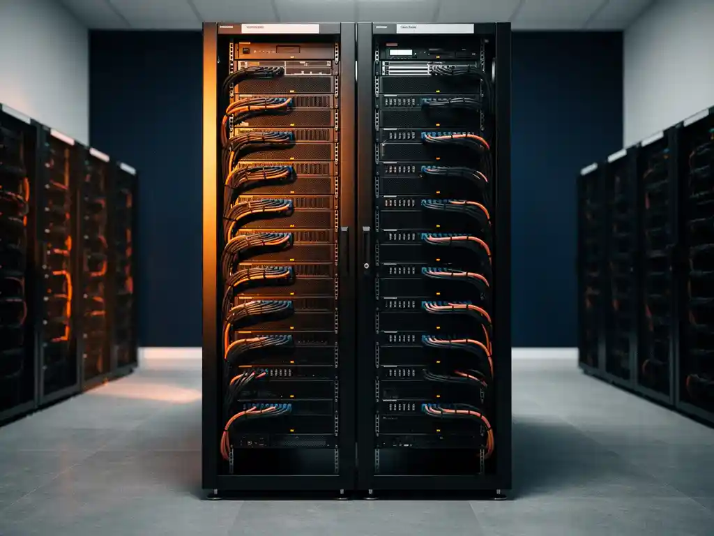 Beveiligde serverrack in moderne Nederlandse overheidsdata center met oranje accentverlichting en georganiseerde netwerkkabels