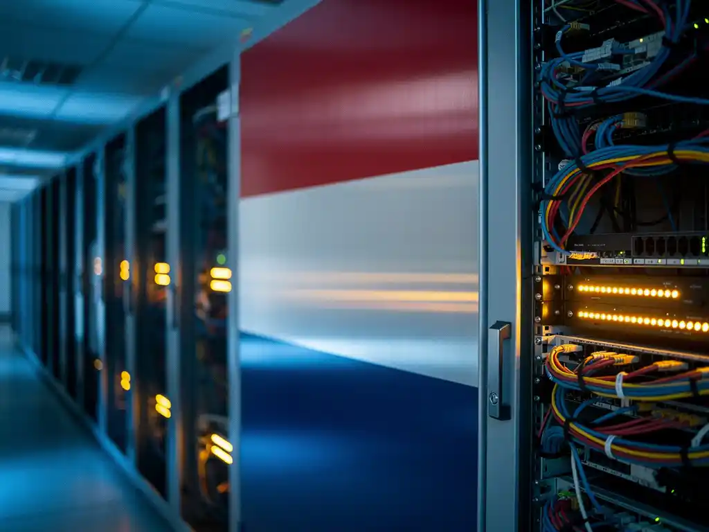 Beveiligde serverrack in moderne Nederlandse overheidsdata center met Nederlandse vlag reflectie op gepolijste panelen