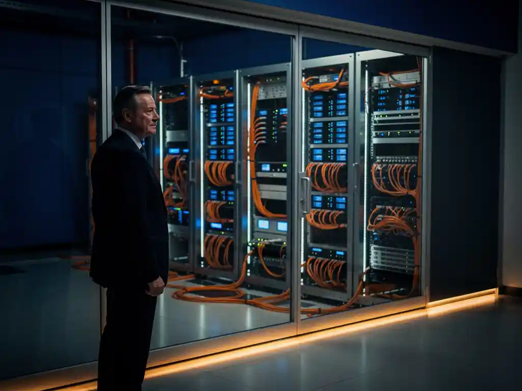 Overheidsmedewerker observeert beveiligde serverruimte met metalen racks achter versterkt glas, Nederlandse vlagkleuren in LED-verlichting