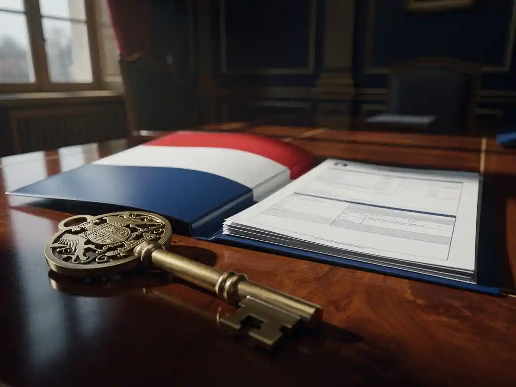 Zware messing sleutel met overheidszegelgravures op mahonie bureau naast opengeslagen map met Nederlandse vlagkleuren en officiële documenten