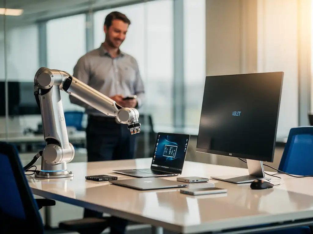 Robotarm organiseert laptops en monitoren op modern kantoorbureau terwijl IT-professional toekijkt in glazen werkruimte