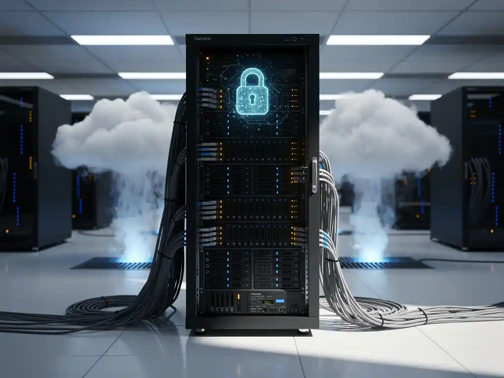 Serverrek met blauwe LED-indicatoren in modern datacenter, ethernet kabels verbonden met wolkvormige stoom, digitaal hangslot hologram zwevend boven servers