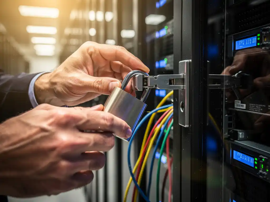 Zakenman ontgrendelt stalen hangslot van serverrek met kleurrijke ethernetkabels in moderne datacenteromgeving
