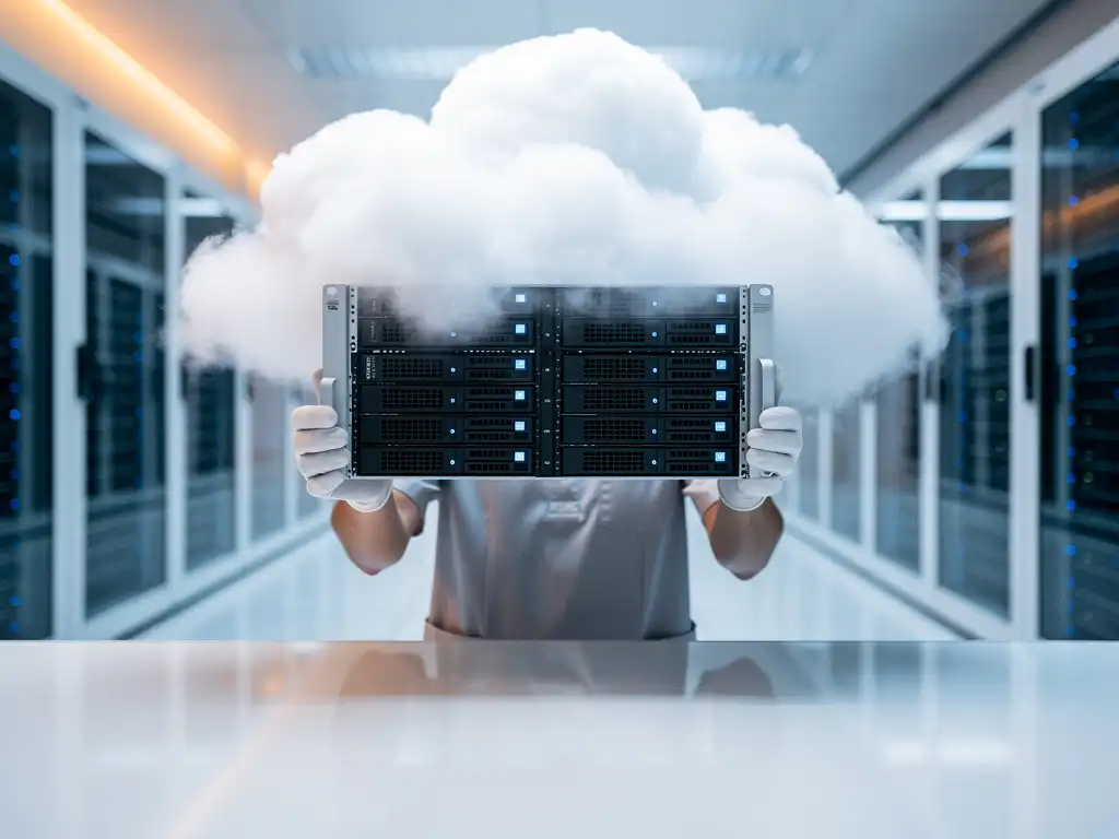 Technicus in witte handschoenen tilt moderne serverrack met blauwe LED-indicatoren op terwijl heldere dampwolk erboven vormt in wit datacenter