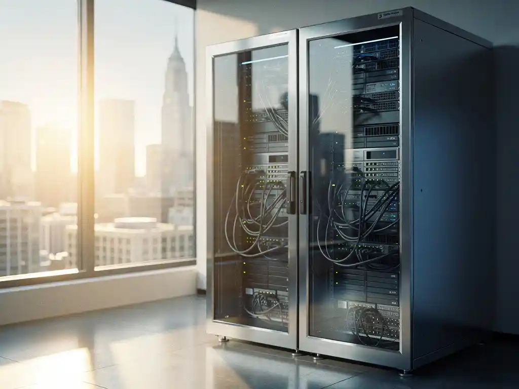 Moderne serverrack met glanzende metalen oppervlakken bij raam met stadszicht, warm zonlicht op gepolijste componenten