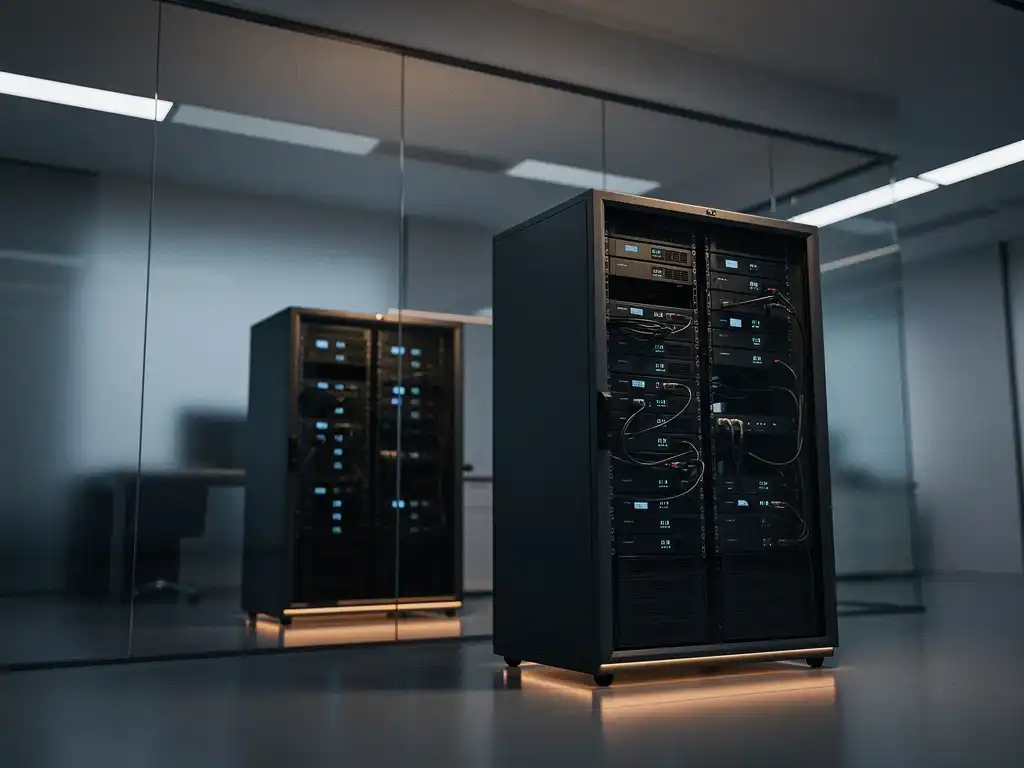 Moderne zwarte serverracks achter glazen wand en in open werkruimte met professionele verlichting en metalen oppervlakken