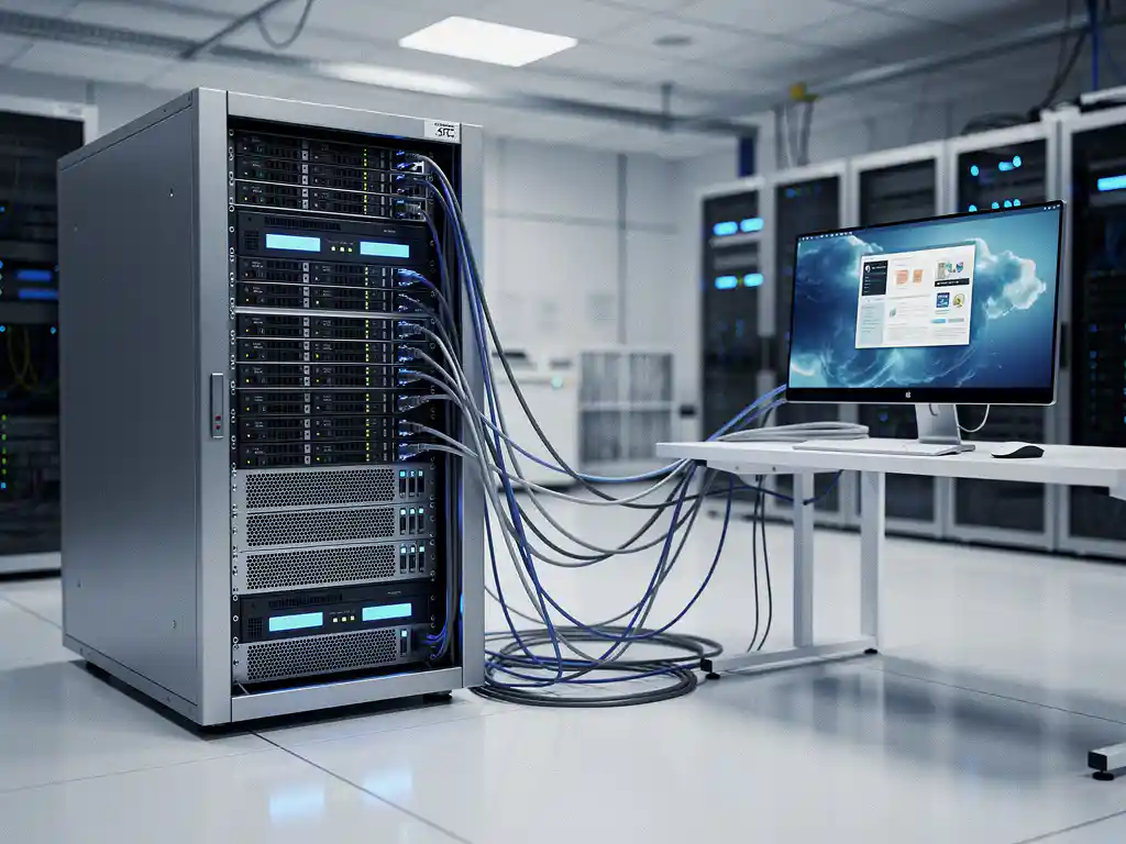 Serverrek met blauwe LED-indicatoren naast moderne computeropstelling verbonden via ethernetkabels in professioneel datacenter