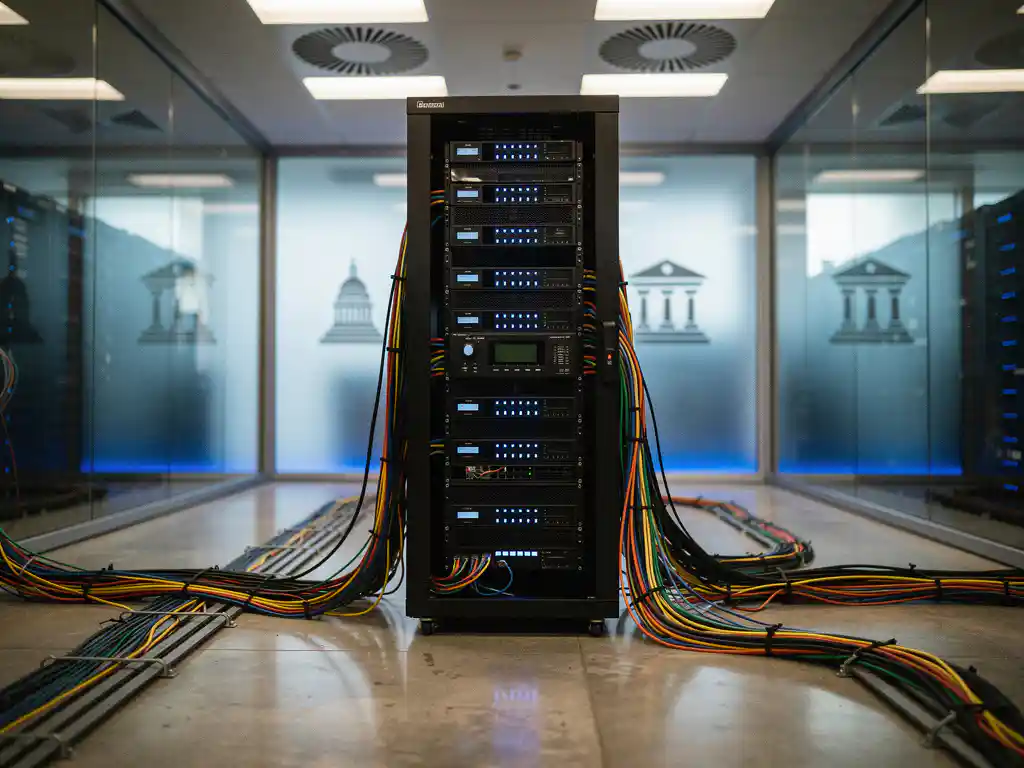 Serverrack met blauwe LED-indicatoren in beveiligde datacenterruimte met georganiseerde ethernetkabels