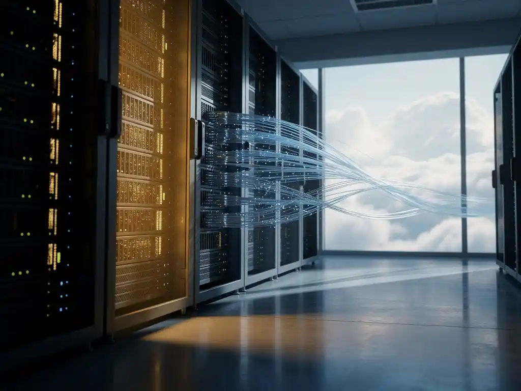 Moderne serverrek met helft in amber licht en helft verbonden door glasvezelkabels naar wolkenformaties buiten ramen