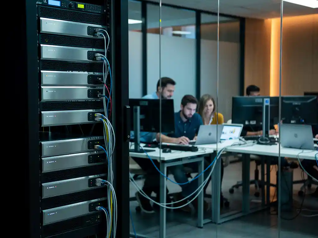 Glanzende serverrack naast moderne kantoorruimte met laptops, verbonden door ethernetkabels in blauw en amber licht