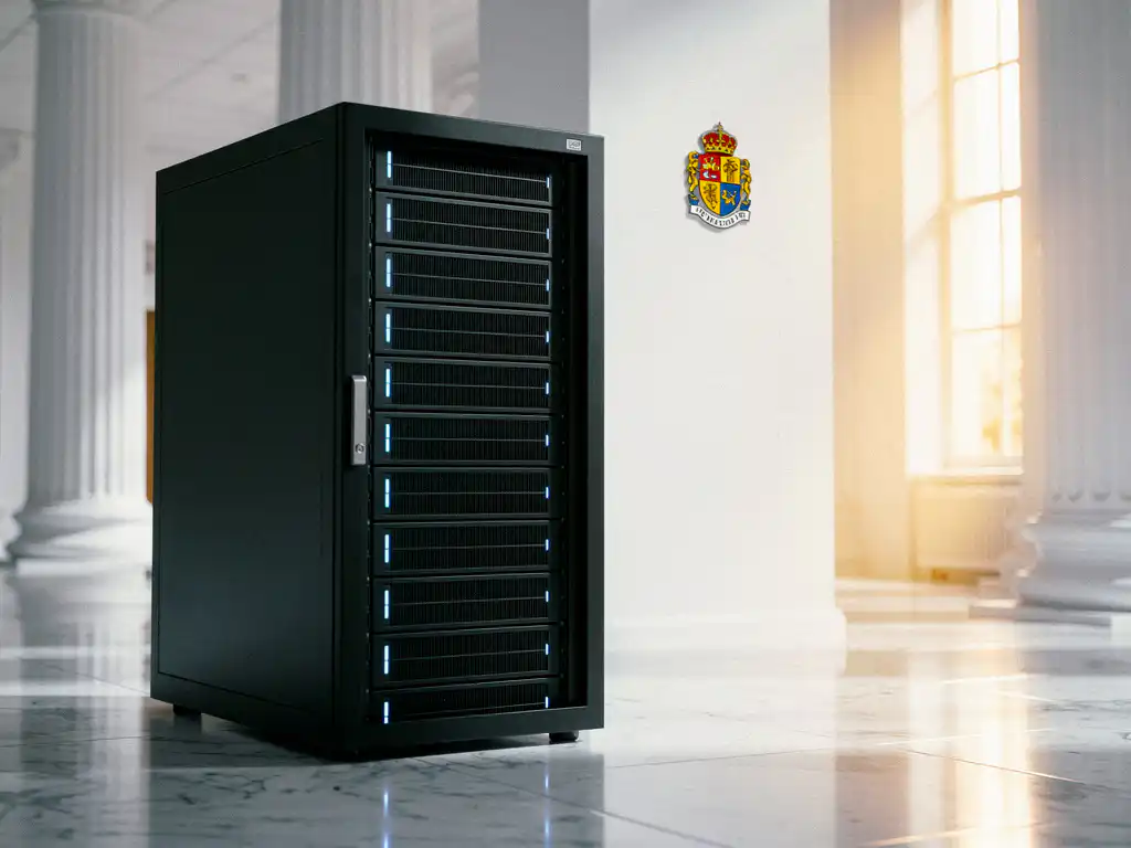 Moderne serverrack met blauwe LED-indicatoren in witte overheidsgang met marmeren vloer en klassieke zuilen