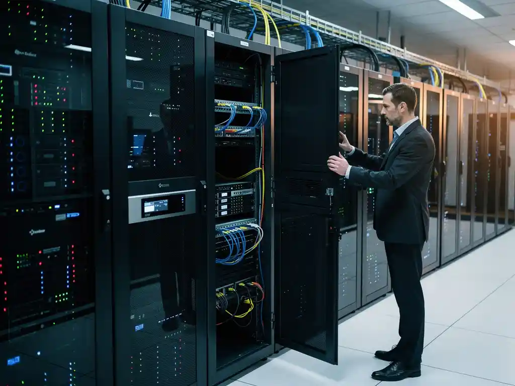 IT-consultant controleert servertorens in professioneel datacenter met georganiseerde bekabeling en LED-indicatoren