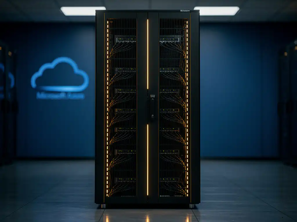 Serverrek met amber LED-indicatoren in moderne datacenter met gepolijste metalen oppervlakken en professionele kabelmanagement