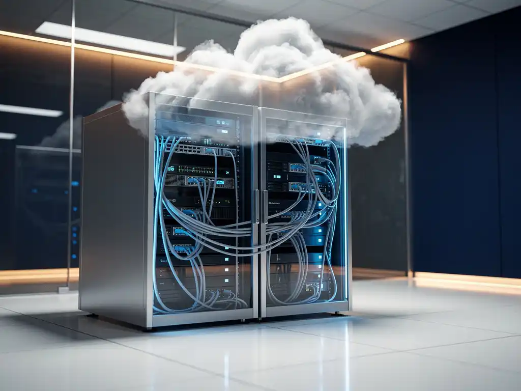 Serverrek met blauwe LED-indicatoren en georganiseerde ethernet-kabels in modern datacenter met glazen wanden