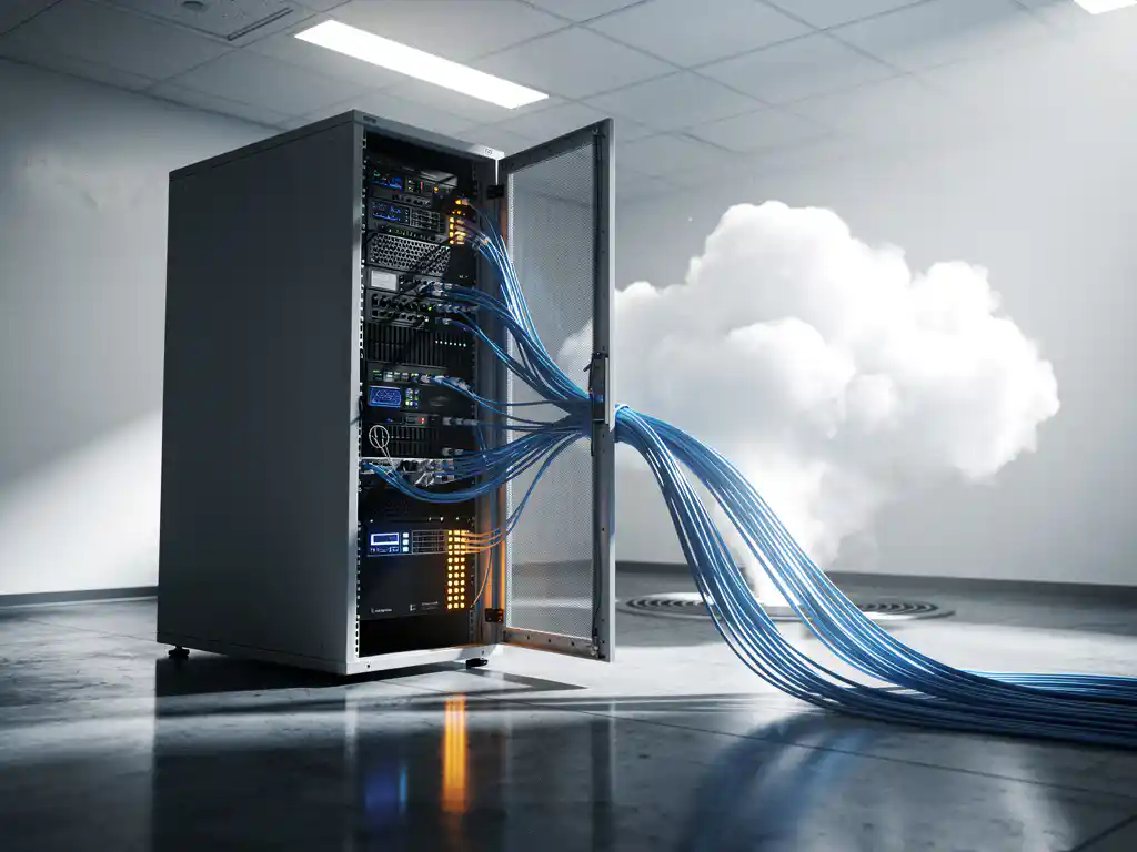 Serverrek met blauwe en amber LED-indicatoren in modern datacenter, glasvezelkabels verbonden met wolkvormige dampen