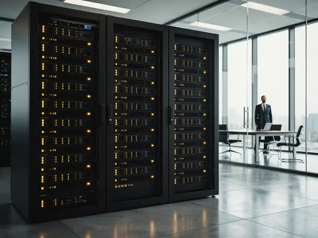 Serverrek met amber LED-lampjes in glazen datacenter, executive kijkt toe vanuit aangrenzend kantoor