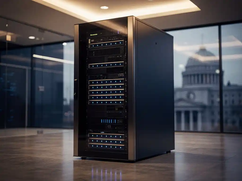 Serverrek met blauwe LED-indicatoren in glazen datacenterruimte met gemeentelijk gebouw op achtergrond