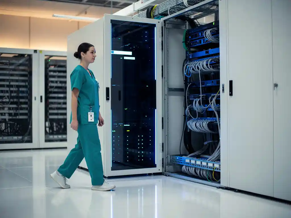 Moderne serverrek met blauwe LED-indicatoren in wit datacenter terwijl zorgprofessional in scrubs voorbijloopt