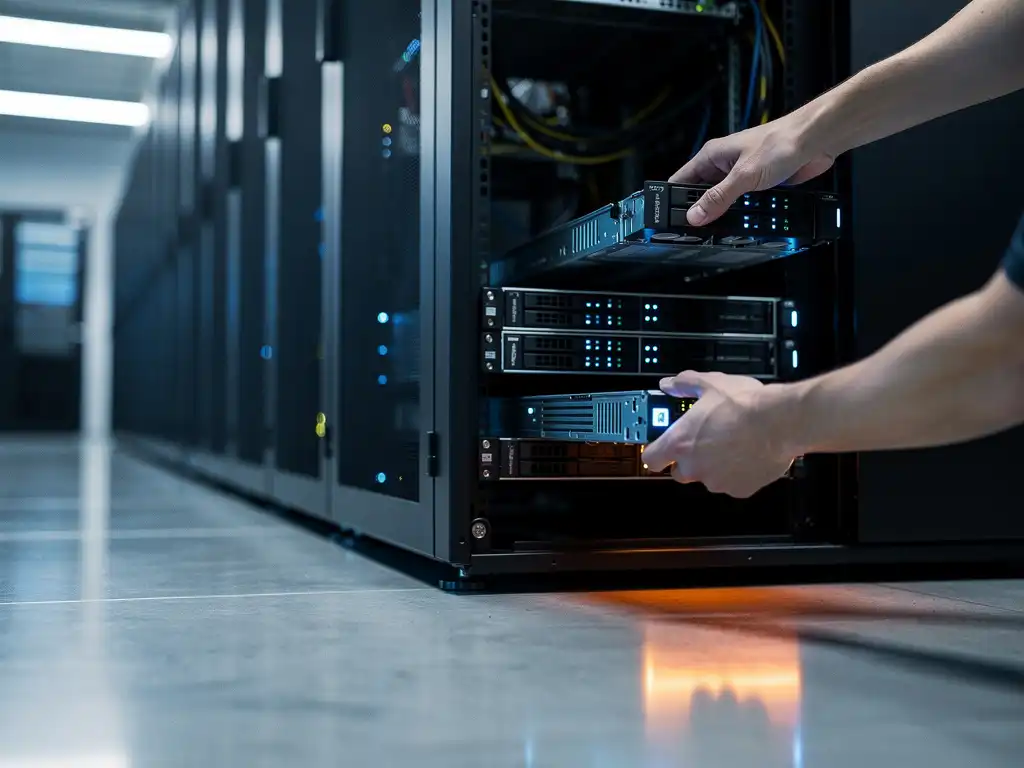 Hands installeren serverunits in een serverrek met blauwe LED-indicatoren in een moderne datacenteromgeving