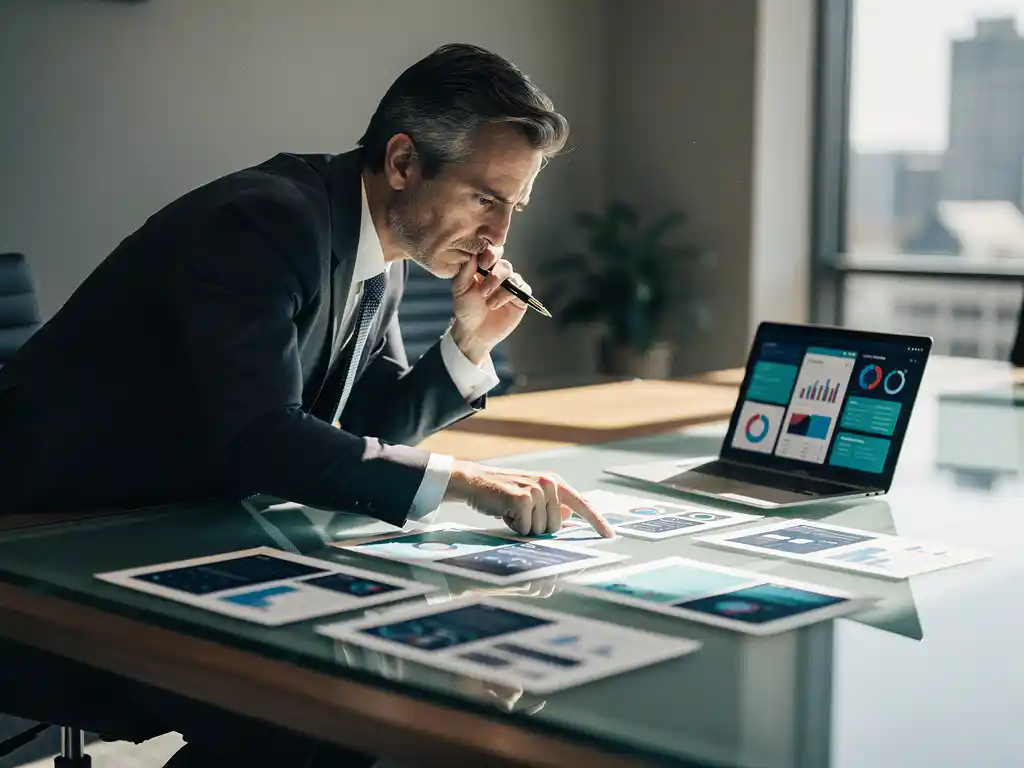 IT-consultant bestudeert software-interface mockups op glazen vergadertafel met laptop met vergelijkingsgrafieken