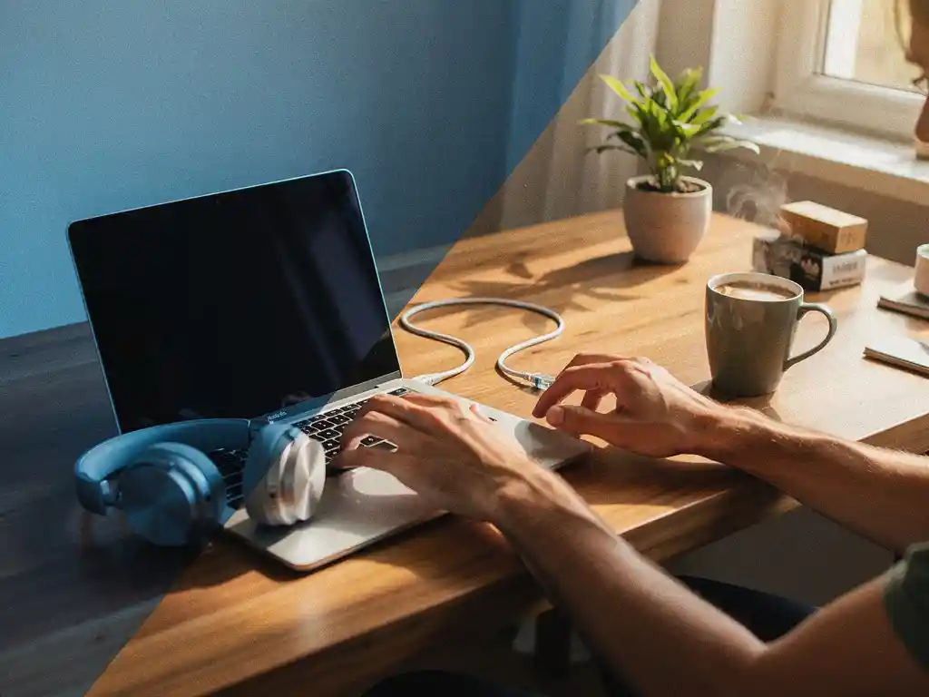 Moderne kantoorbureau en thuiswerkplek verbonden door ethernetkabel, laptop en koptelefoon naast koffiemok en plant
