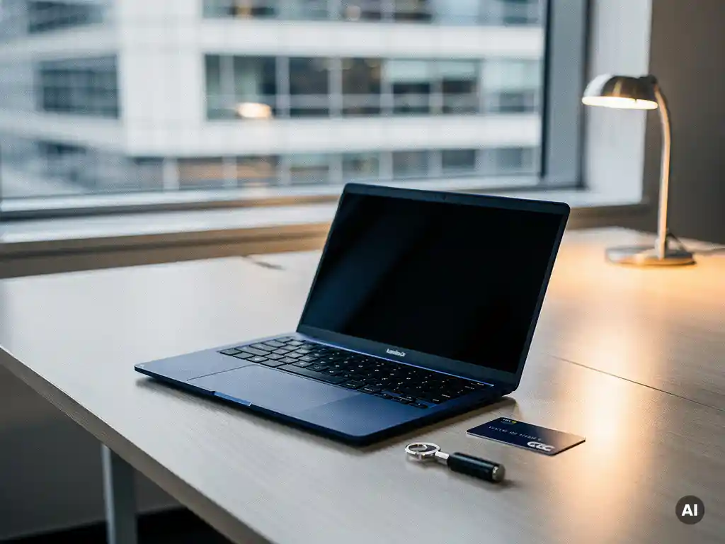 Zakelijke laptop op kantoorbureau met fysieke beveiligingssleutel en smartcard, kantoorgebouw zichtbaar op achtergrond.