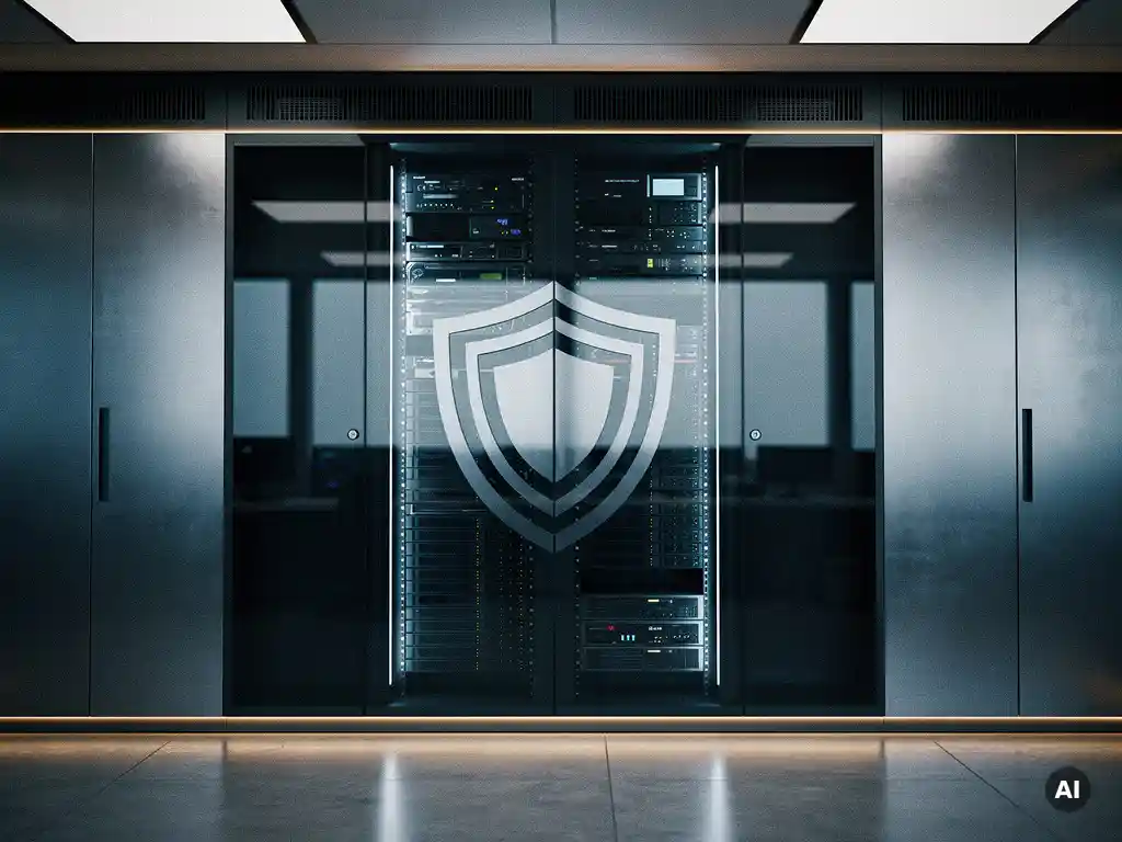 Verlicht serverrek achter versterkt glas in een enterprise netwerkbeheercentrum met stalen blauwtinten en amber accentverlichting.