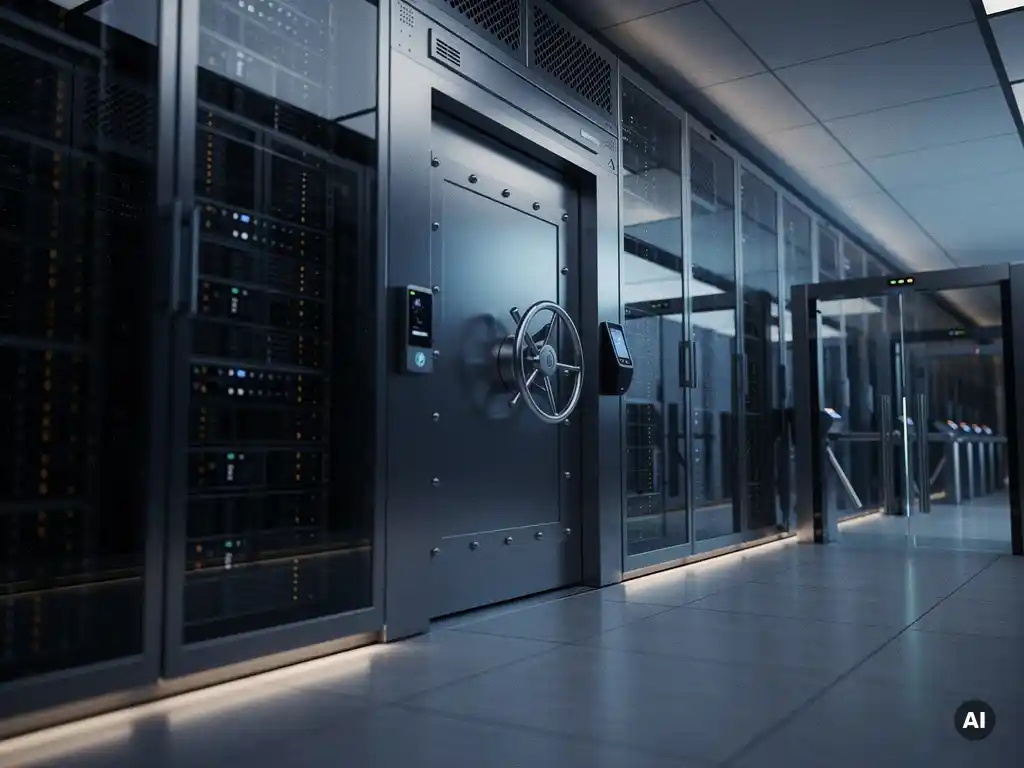 Versterkte kluisdeur in een moderne datacentergang met blauwe belichting en gelaagde toegangscontrolesystemen.