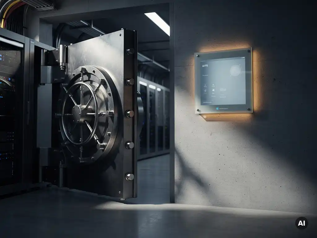Zware stalen kluisdeur naast modern glazen beveiligingspaneel in datacentergang, symboliseert overgang van VPN naar zero-trust toegang.
