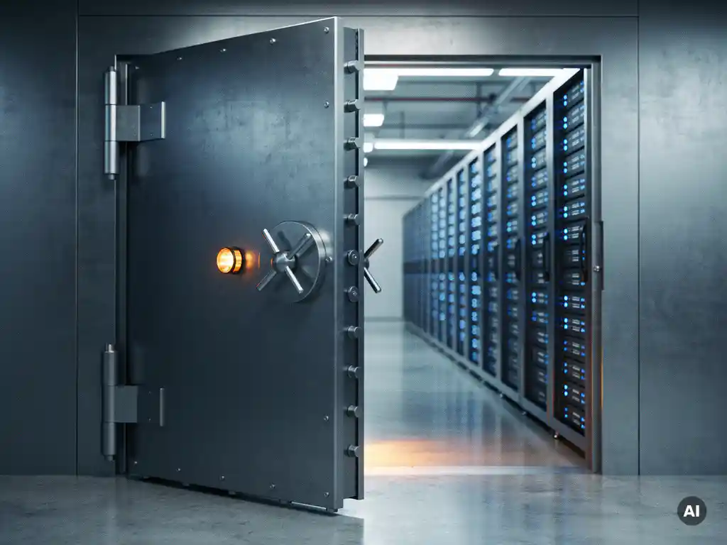 Zware stalen kluisdeur op een kier in een serverruimte met knipperende rack-servers, blauwe verlichting en oranje waarschuwingslicht op betonnen vloer.