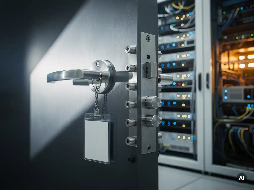 Zware stalen beveiligingsdeur op een kier met zichtbare serverruimte vol verlichte rackapparatuur en een bezoekerspas aan de deurklink.