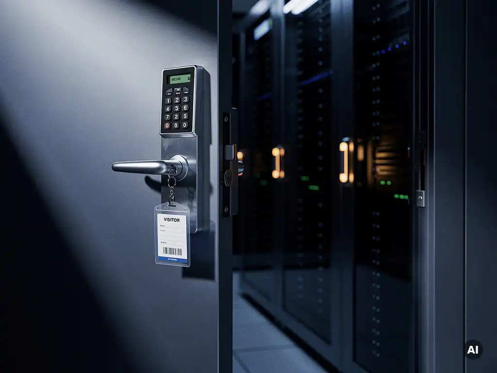 Zware stalen deur met elektronisch cijferslot op een kier, bezoekersbadge aan de deurgreep, serverruimte met knipperende racklichten op de achtergrond.
