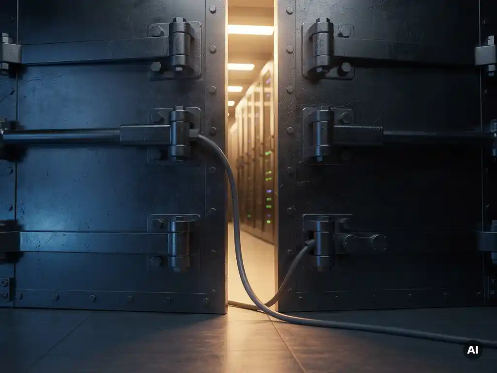 Zware stalen kluisdeur op een kier met een netwerkkabel, verlicht serverruimte zichtbaar op de achtergrond.