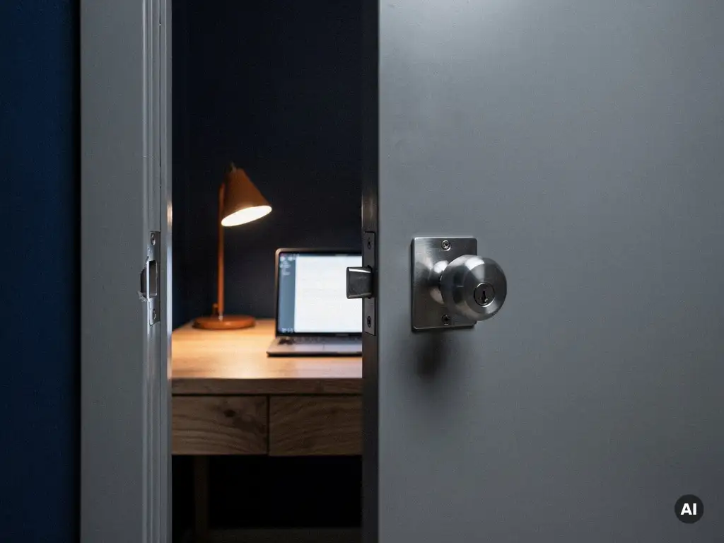 Stalen deur met zwaar nachtslot op een kier, verlichte laptop op houten bureau zichtbaar in schemering thuiskantoor.
