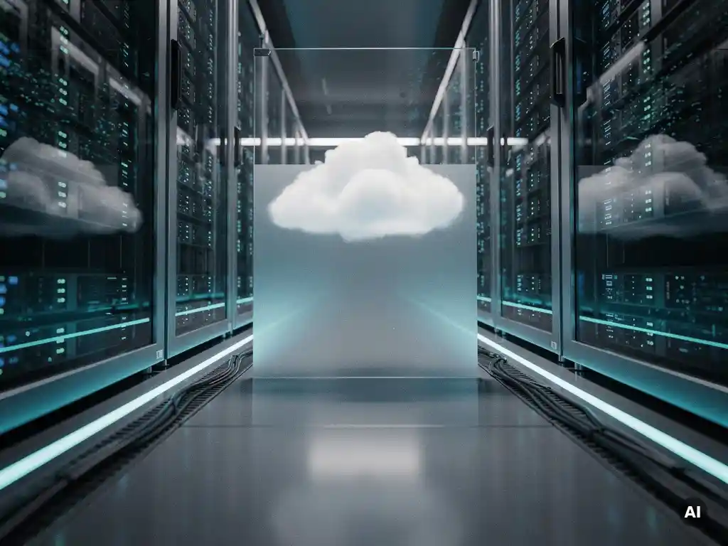 Serverruimte met verlichte rekken in staalblauwe tinten en een doorzichtig glazen schild rond een zwevende cloudstructuur.