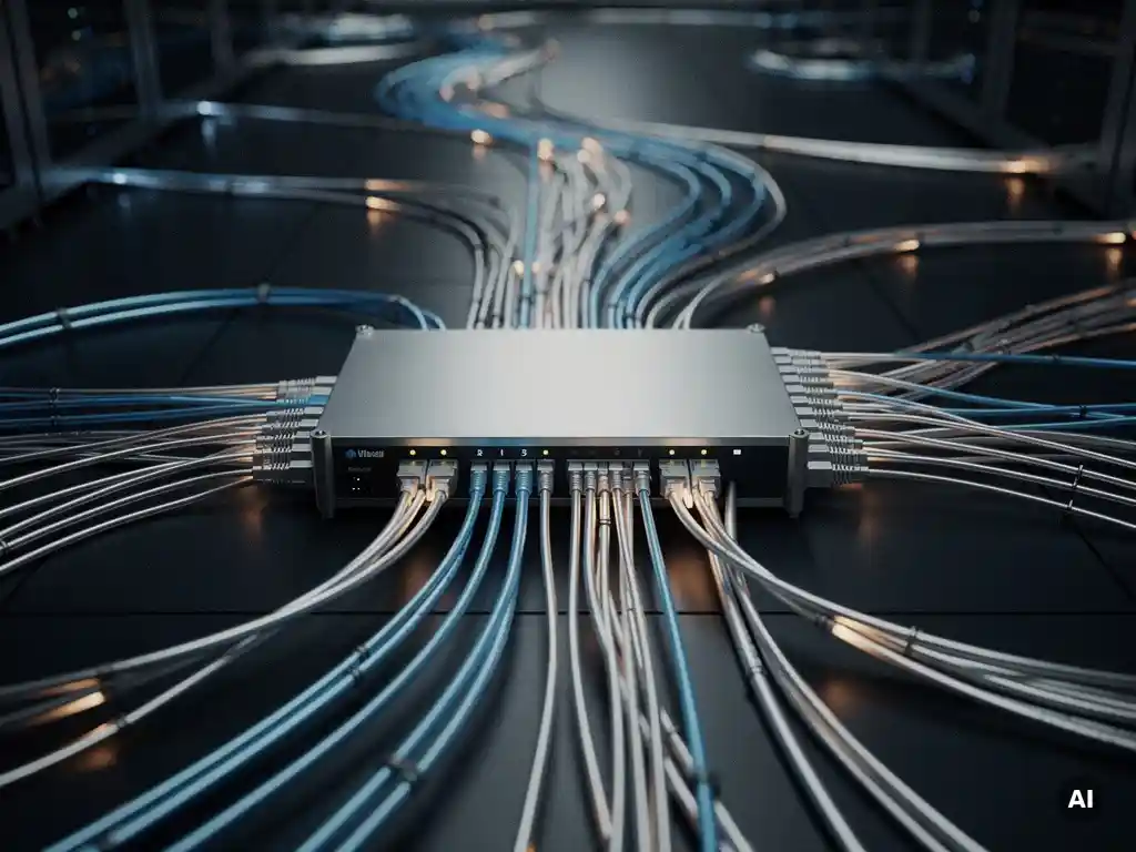 Gloeiende glasvezelkabels convergeren naar een centrale netwerkhub op de vloer van een donkere serverruimte, blauwe en amberkleurige verlichting.
