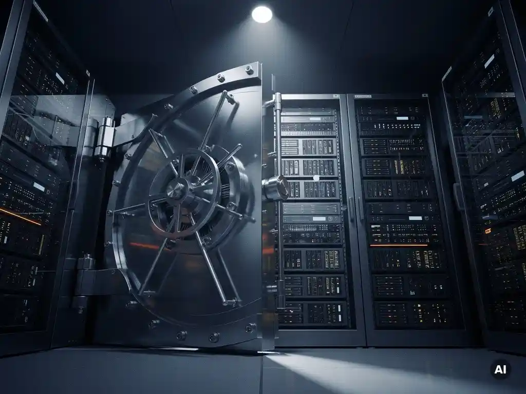 Zware stalen kluisdeur op een kier in een moderne serverruimte met knipperende rack-servers en amberkleurig waarschuwingslicht.