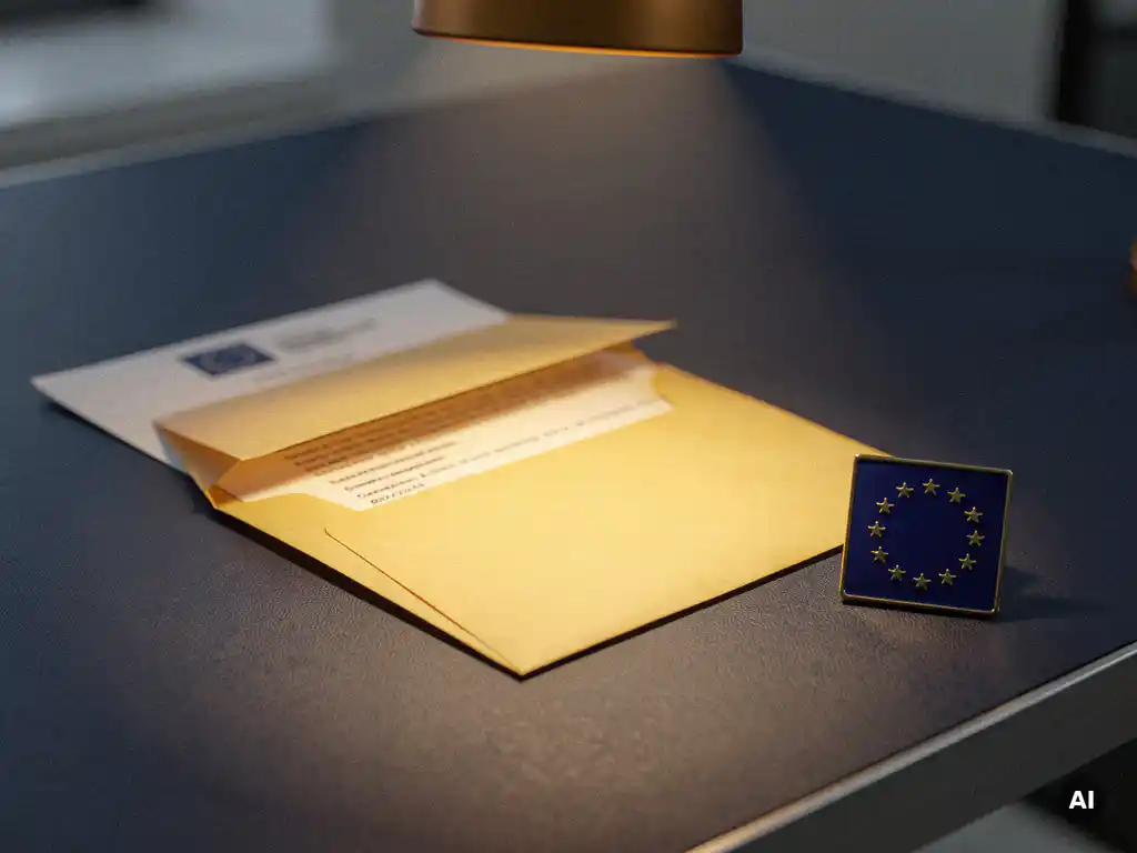 Officieel nalevingsdocument in manilla envelop op zakelijk bureau, met EU-vlagspeld in warm amberkleurig licht.