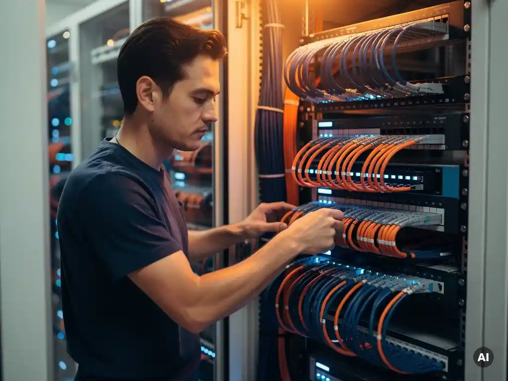 Netwerkingenieur inspecteert georganiseerde ethernet-kabelverbindingen in een serverrack, verlicht door blauw LED-licht en warm bovenlicht.