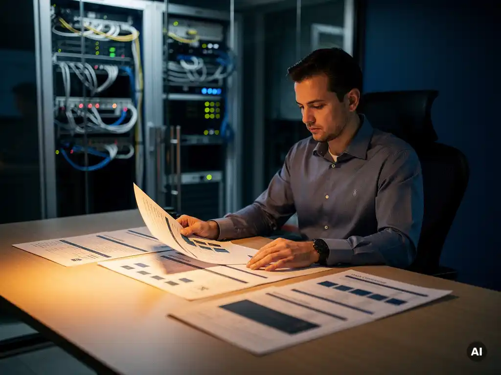 Netwerkbeheerder vergelijkt leveranciersdocumenten aan bureautafel met verlichte serverrack zichtbaar achter glazen wand.