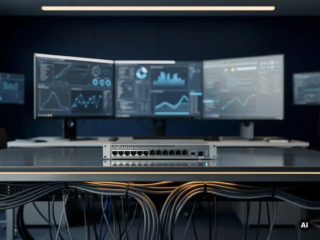 Netwerk operations center met meerdere monitoren op één dashboard, netwerk switch op bureau, donkerblauwe en zilveren tinten met amber verlichting.