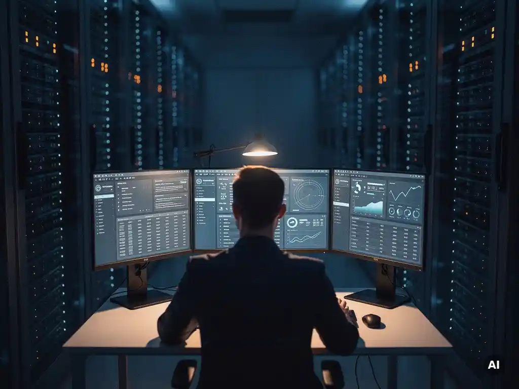 Netwerkbeheerder monitort toegangslogboeken op verlichte werkplek in serverruimte met knipperende rackservers op de achtergrond.