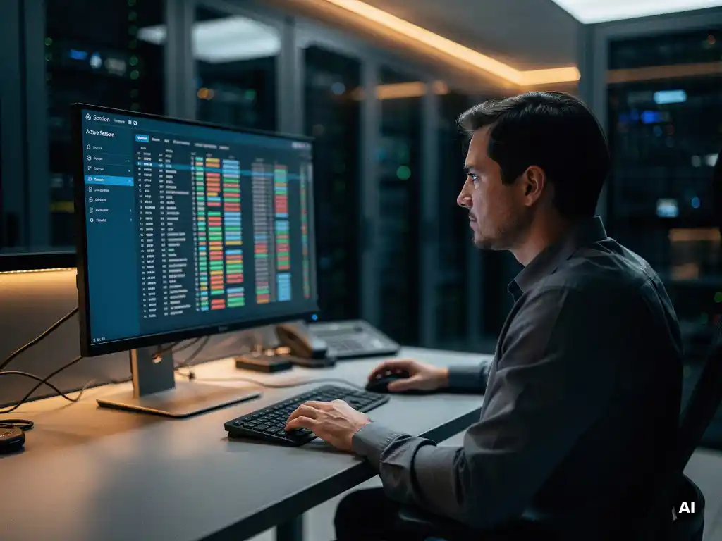 Netwerkbeheerder analyseert actief sessielogdashboard op groot monitor, serverkasten zichtbaar op achtergrond in zakelijk datacenter.